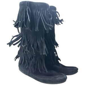 Minnetonka Boot Women 7 Black Suede Mid Calf 3 Tier Fringe moccasin boho Festiva
